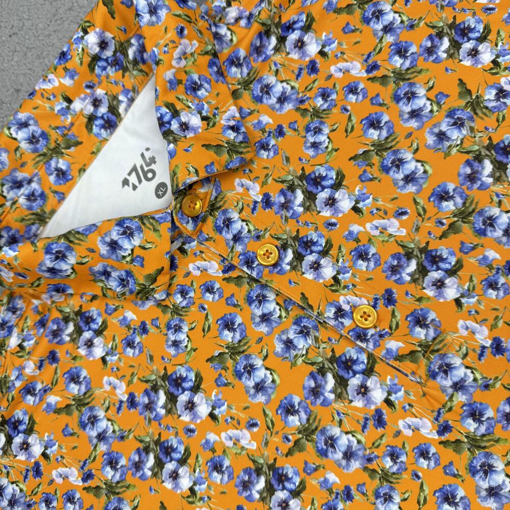 1764 Polo Shirt Mens XL Orange Blue Floral Performance Stretch Golf Button Up